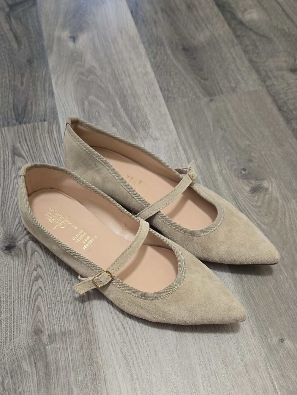 Riccardo Boccia Suede Pointed Mary Jane Flats in Light Taupe by